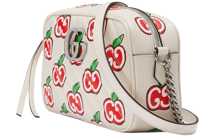 (WMNS) GUCCI GG Marmont Silver Logo Apple Pattern Leather Chain Shoulder Messenger Bag Small White / Red Valentine's Day limited 447632-1W9AN-9086