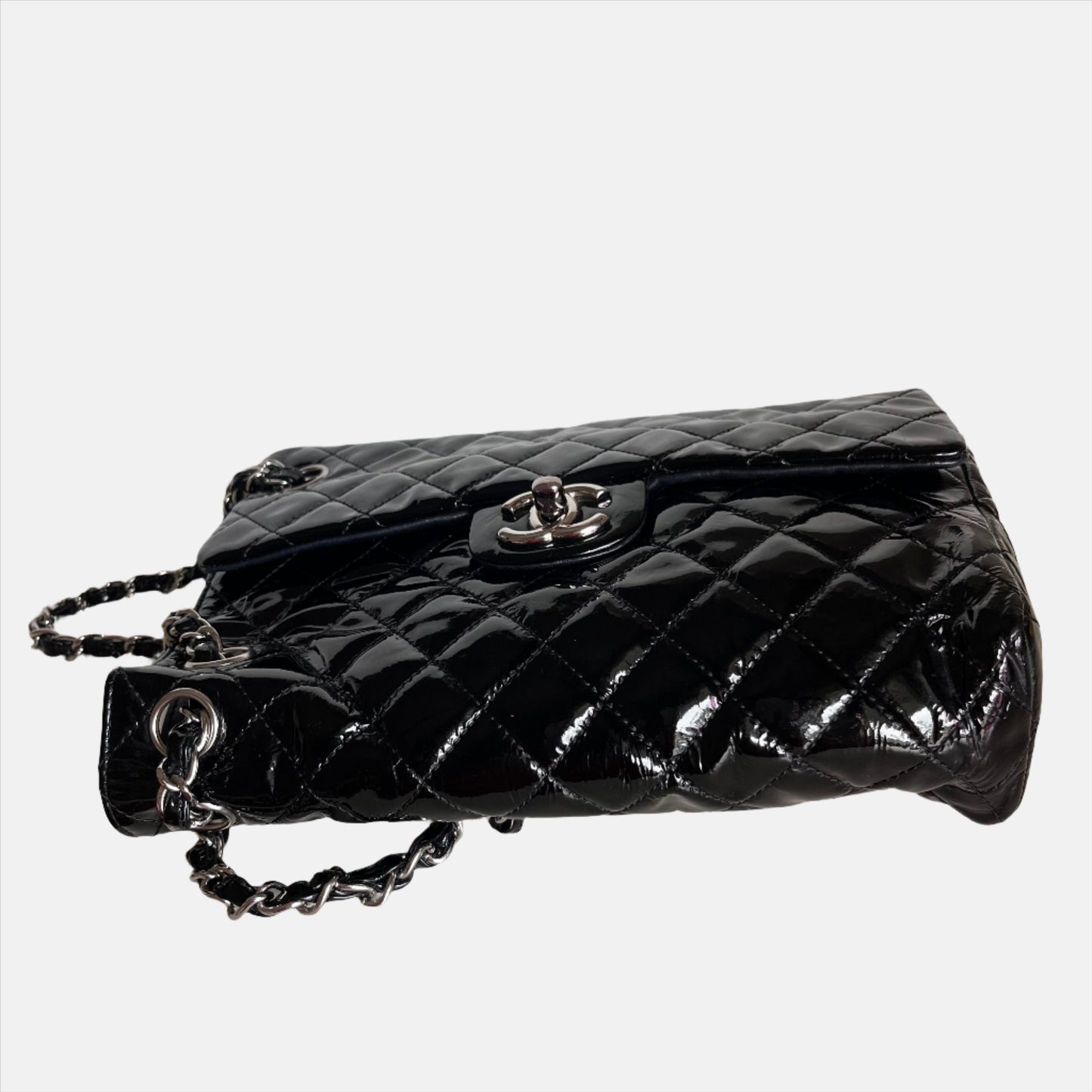 Chanel Upside Down Flap Bag Black Diamond Quilted Patent Leather Silver Hardware