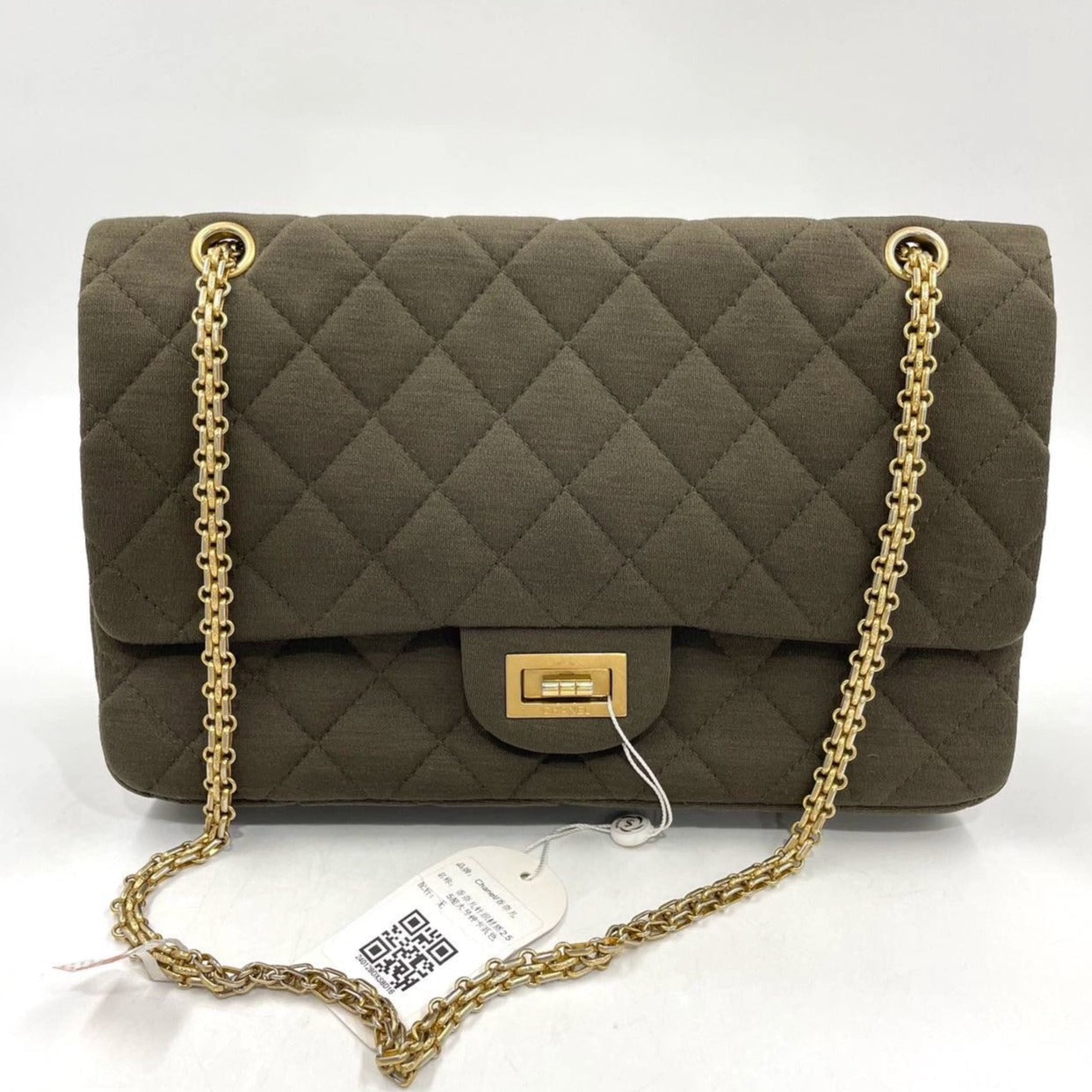 Chanel 2.55 Double Flap Bag 2009 Jumbo Khaki Green Cloth with Gold Hardware