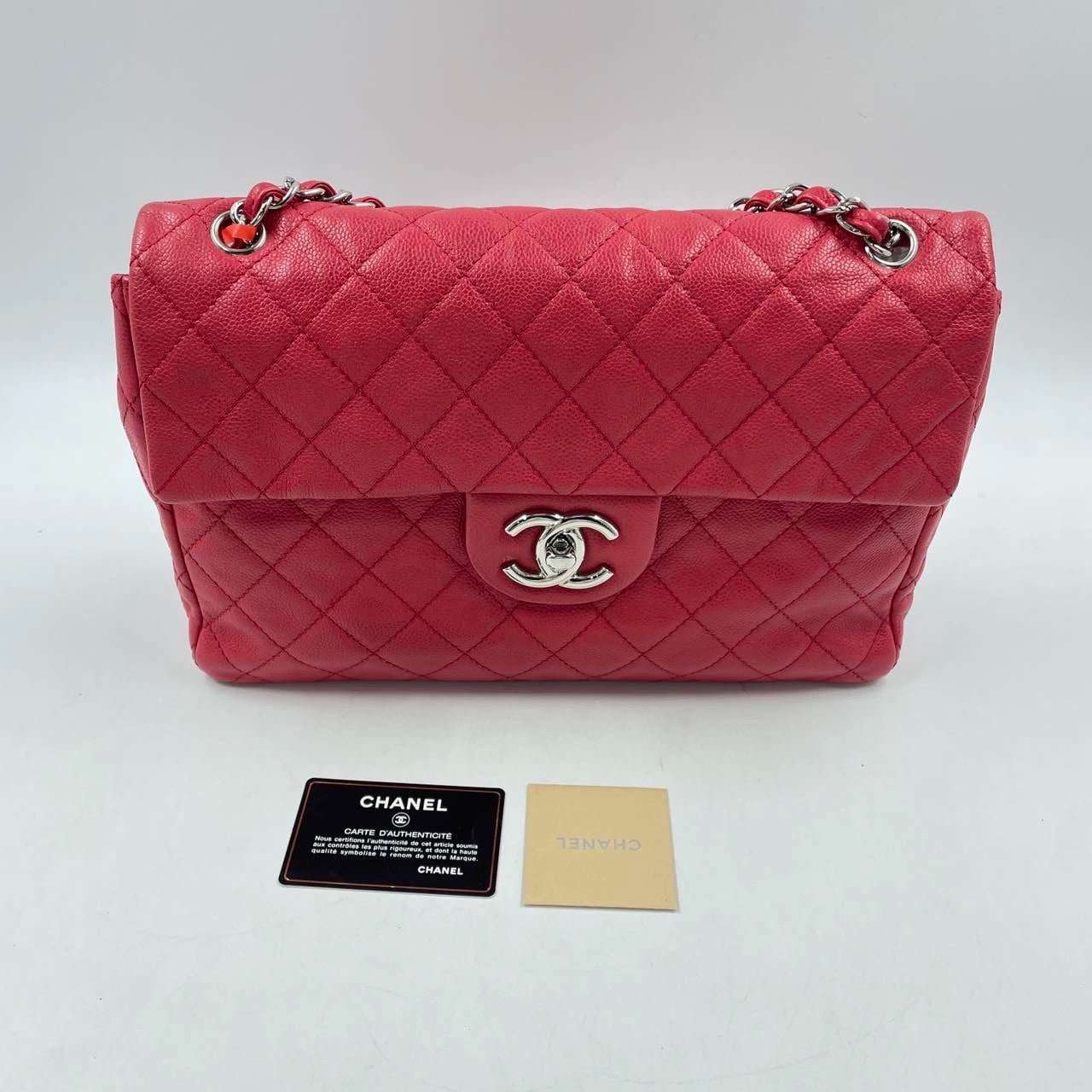 Chanel Classic Flap Maxi Red Caviar Leather Silver-tone Hardware Giant CC Logo