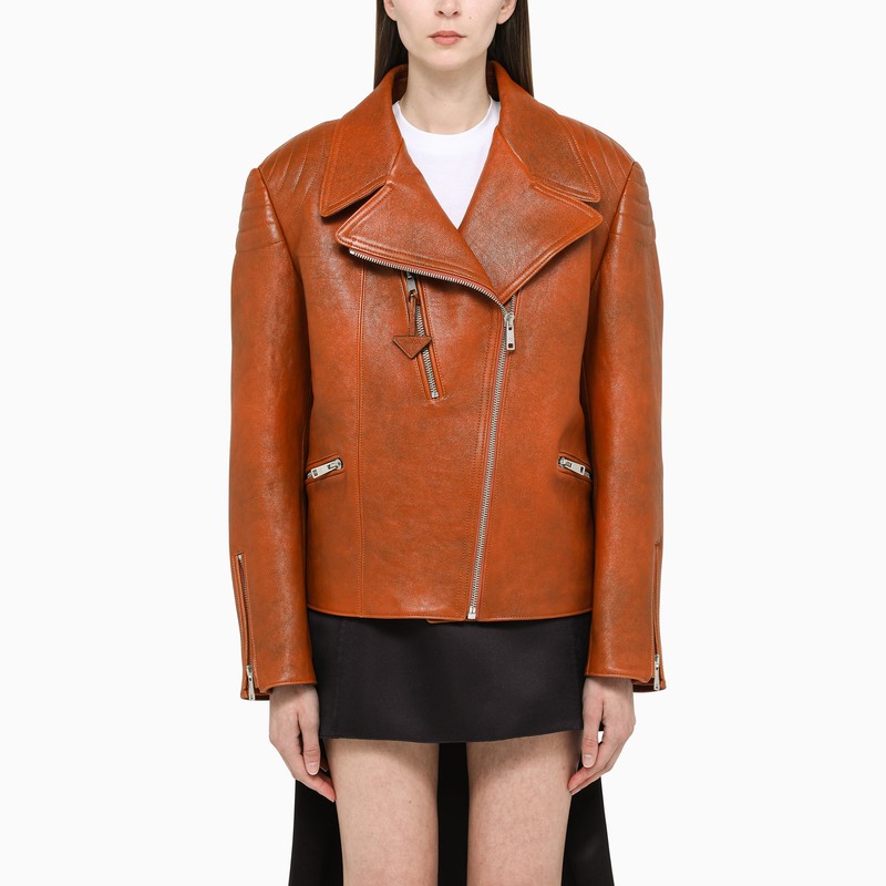 Prada Brown Vintage-Effect Leather Biker Jacket Women