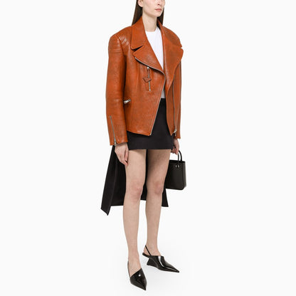 Prada Brown Vintage-Effect Leather Biker Jacket Women