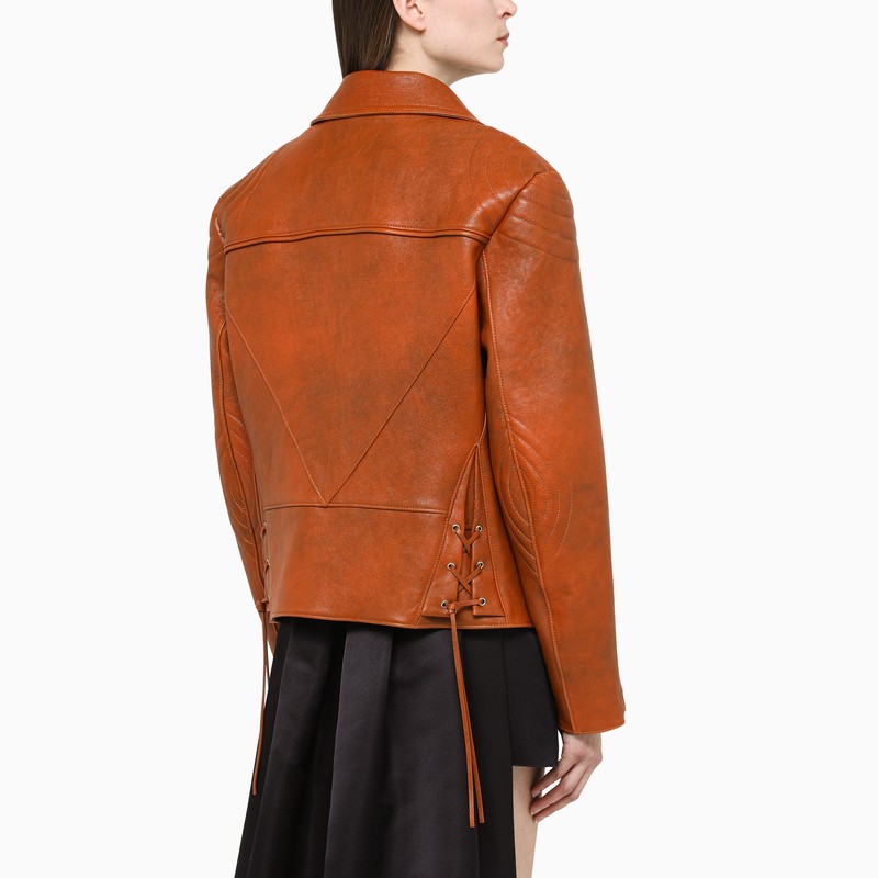 Prada Brown Vintage-Effect Leather Biker Jacket Women