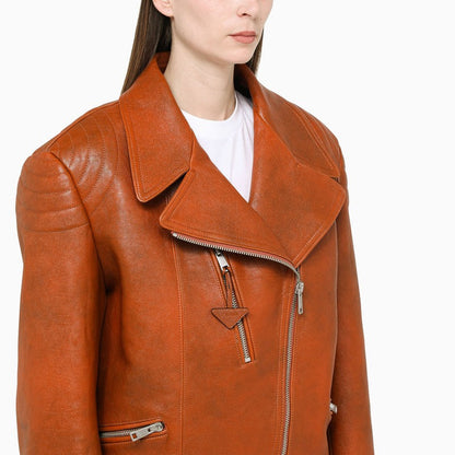 Prada Brown Vintage-Effect Leather Biker Jacket Women