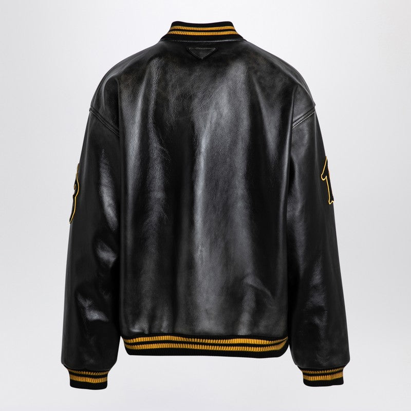 Prada Leather Bomber Vintage Black With Patch Women