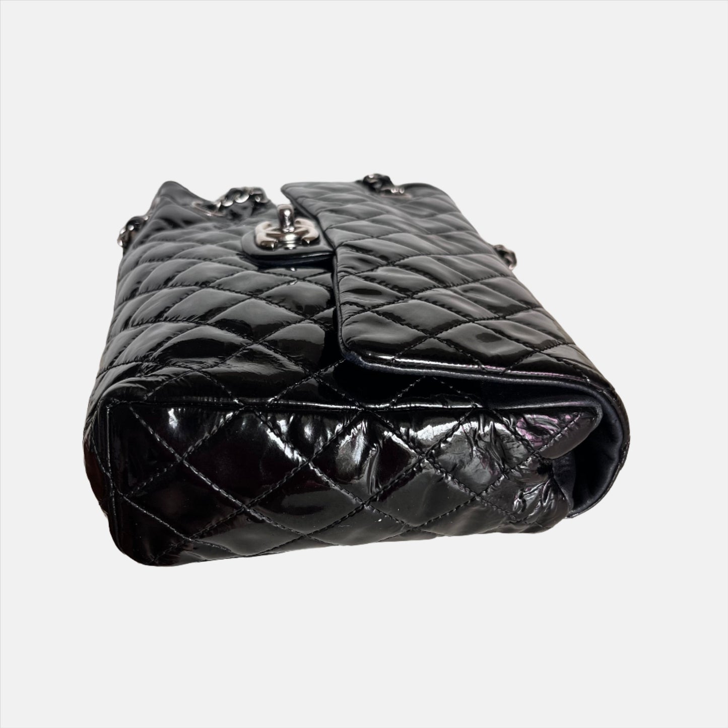 Chanel Upside Down Flap Bag Black Diamond Quilted Patent Leather Silver Hardware