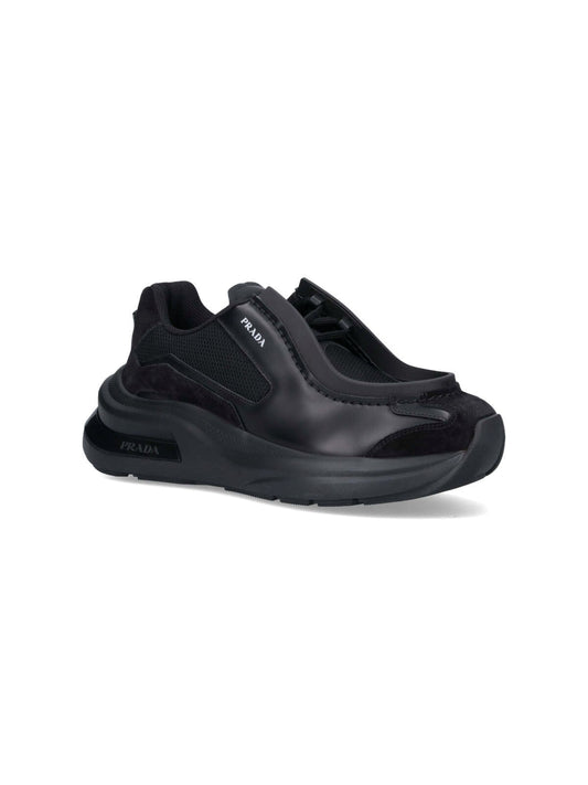 Prada Men Systeme Brushed Leather Sneakers With Bike Fabric In Black