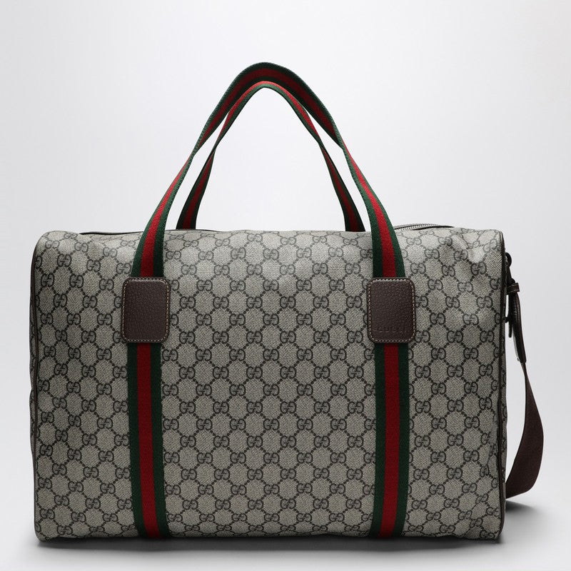 Gucci Medium Duffle Bag With Web Detail In Beige And Ebony Gg Fabric Men