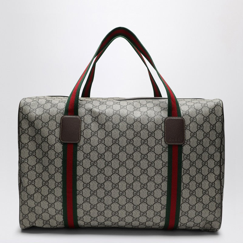 Gucci Medium Duffle Bag With Web Detail In Beige And Ebony Gg Fabric Men