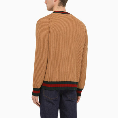 Gucci Camel-Coloured Wool Cardigan With Web Ribbon Men