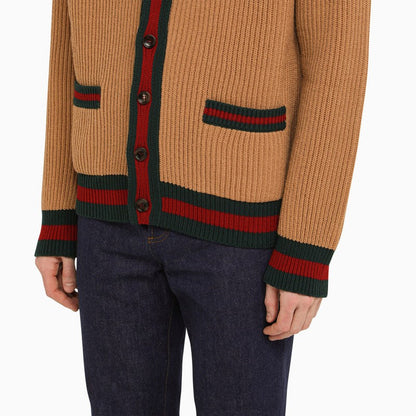 Gucci Camel-Coloured Wool Cardigan With Web Ribbon Men