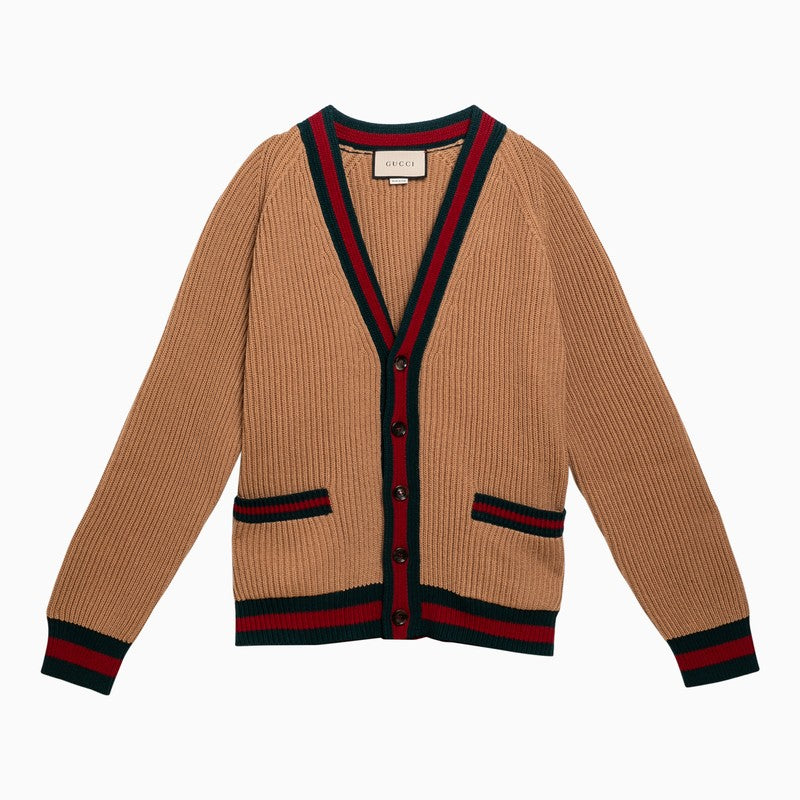 Gucci Camel-Coloured Wool Cardigan With Web Ribbon Men