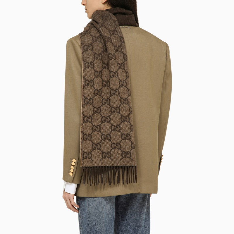 Gucci Beige/Brown Cashmere Scarf With Logo Women