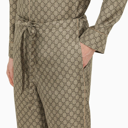 Gucci Beige/Ebony Silk Gg Print Trousers Men