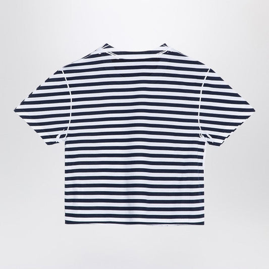 Gucci White/Blue Striped Cotton T-Shirt With Logo Print Women