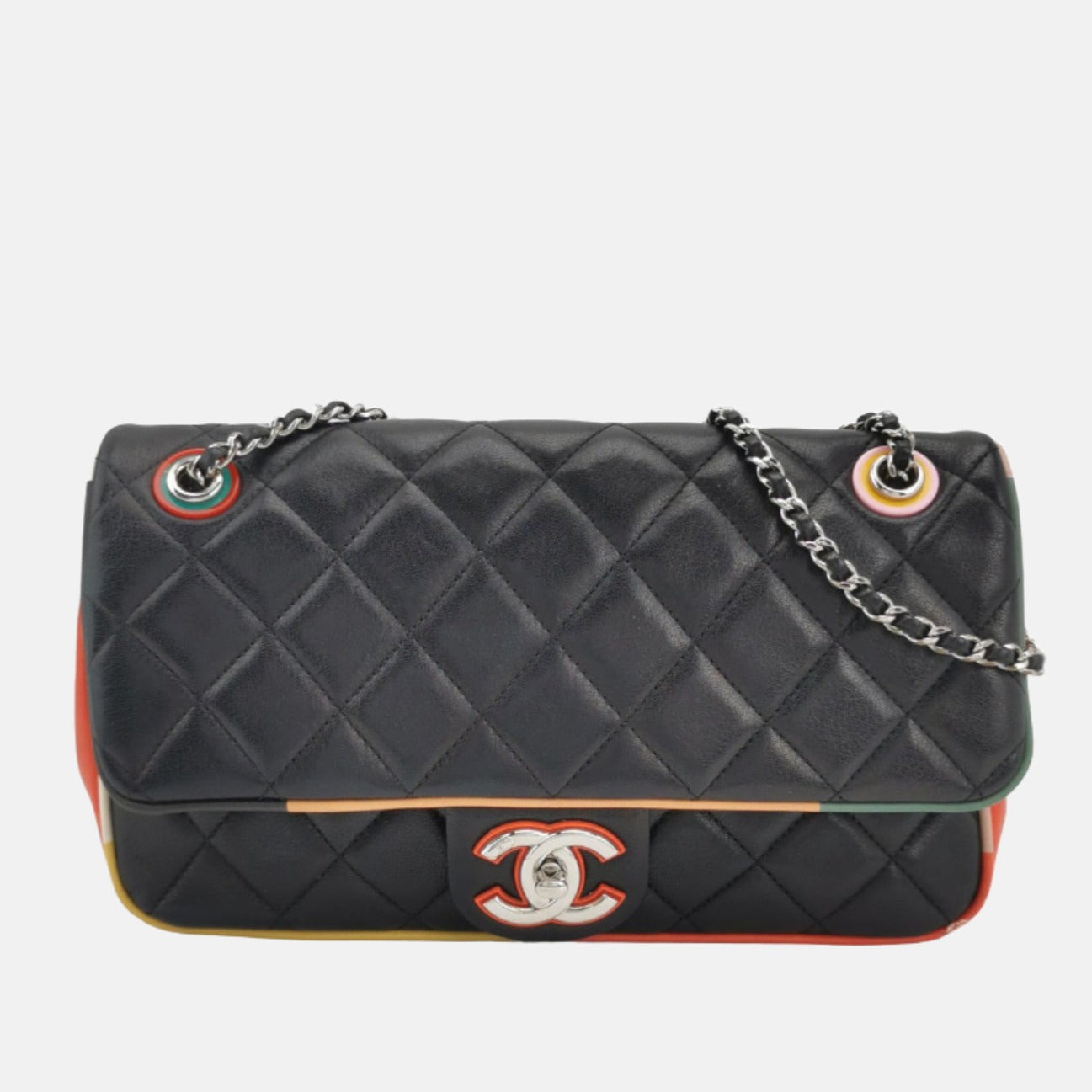 Chanel Timeless Classic Flap Lambskin Plexiglass Quilted Medium Cuba Color Flap Black with Multicolor Trim