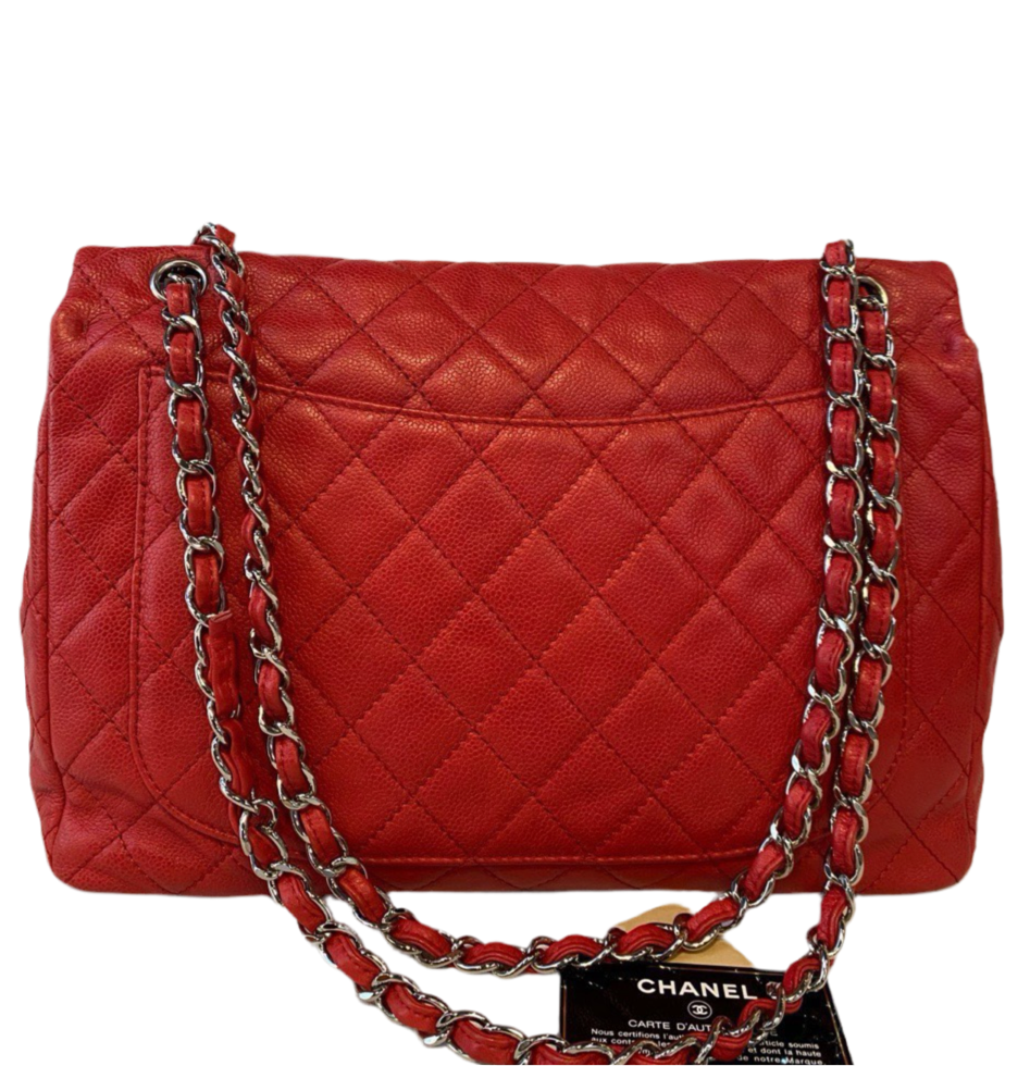 Chanel Classic Flap Maxi Red Caviar Leather Silver-tone Hardware Giant CC Logo