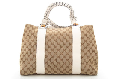 Gucci Brown & White Canvas Supreme Braided Handle Tote