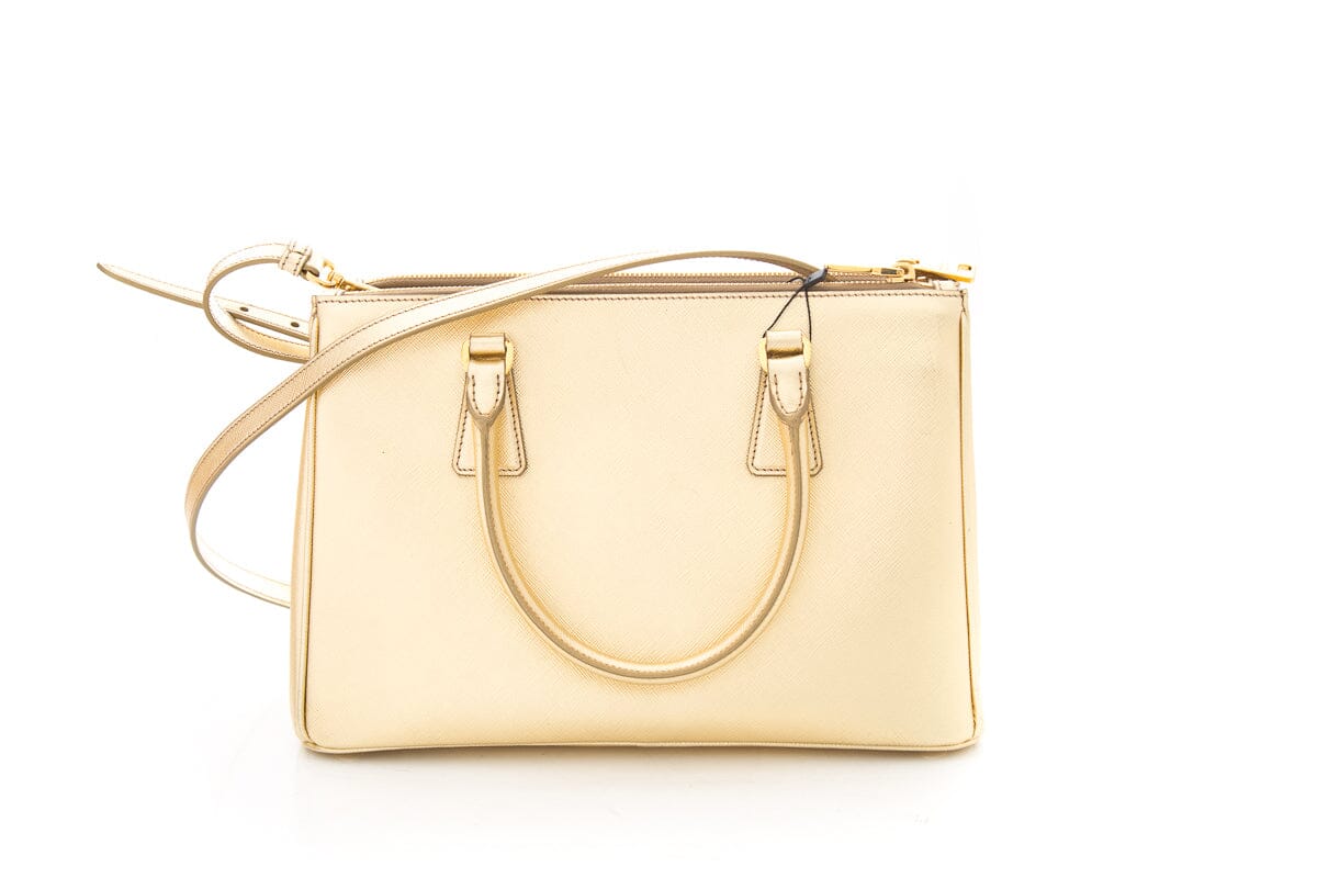 Prada Gold Metallic Saffiano Leather Double Zip Handbag