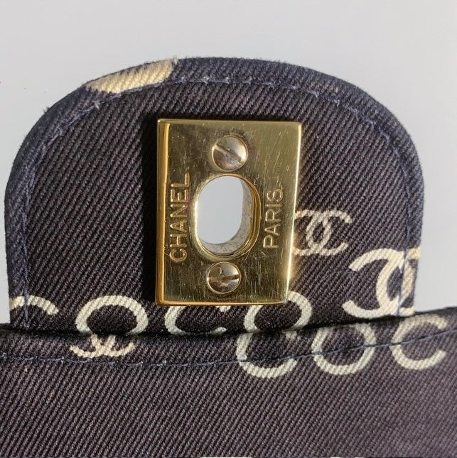 Chanel Classic Flap Diamond Stitch 2002 Black Denim with Coco Logo Prints 24k Gold Hardware