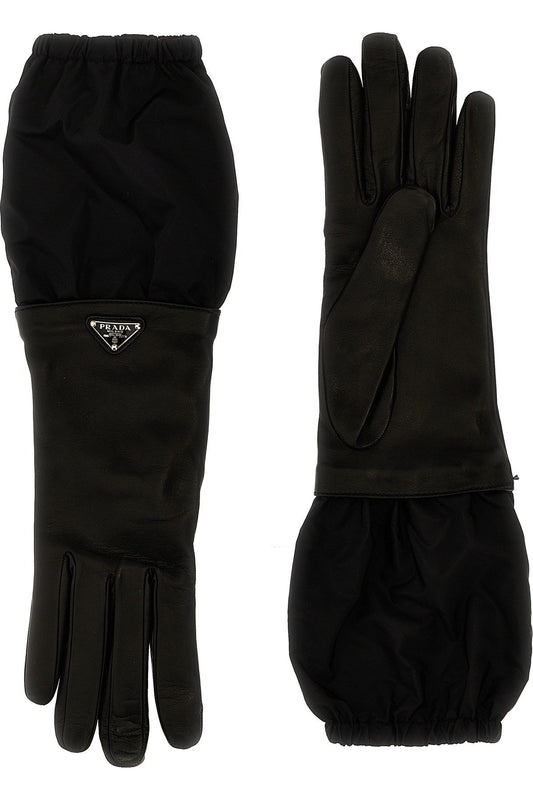 Prada Women Logo Nylon Leather Gloves