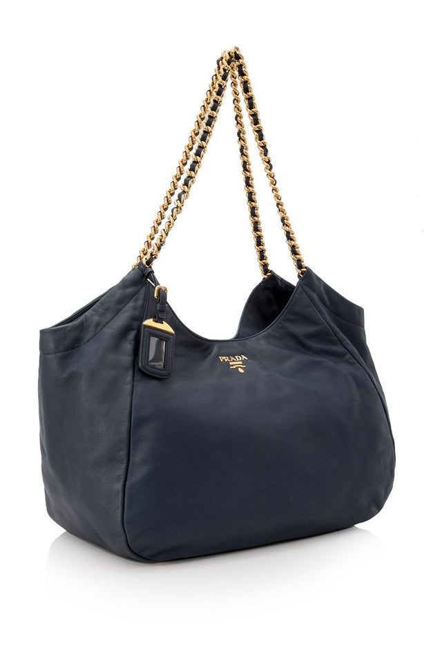 Prada Blue Navy Calf Leather Chain Tote Bag Italy