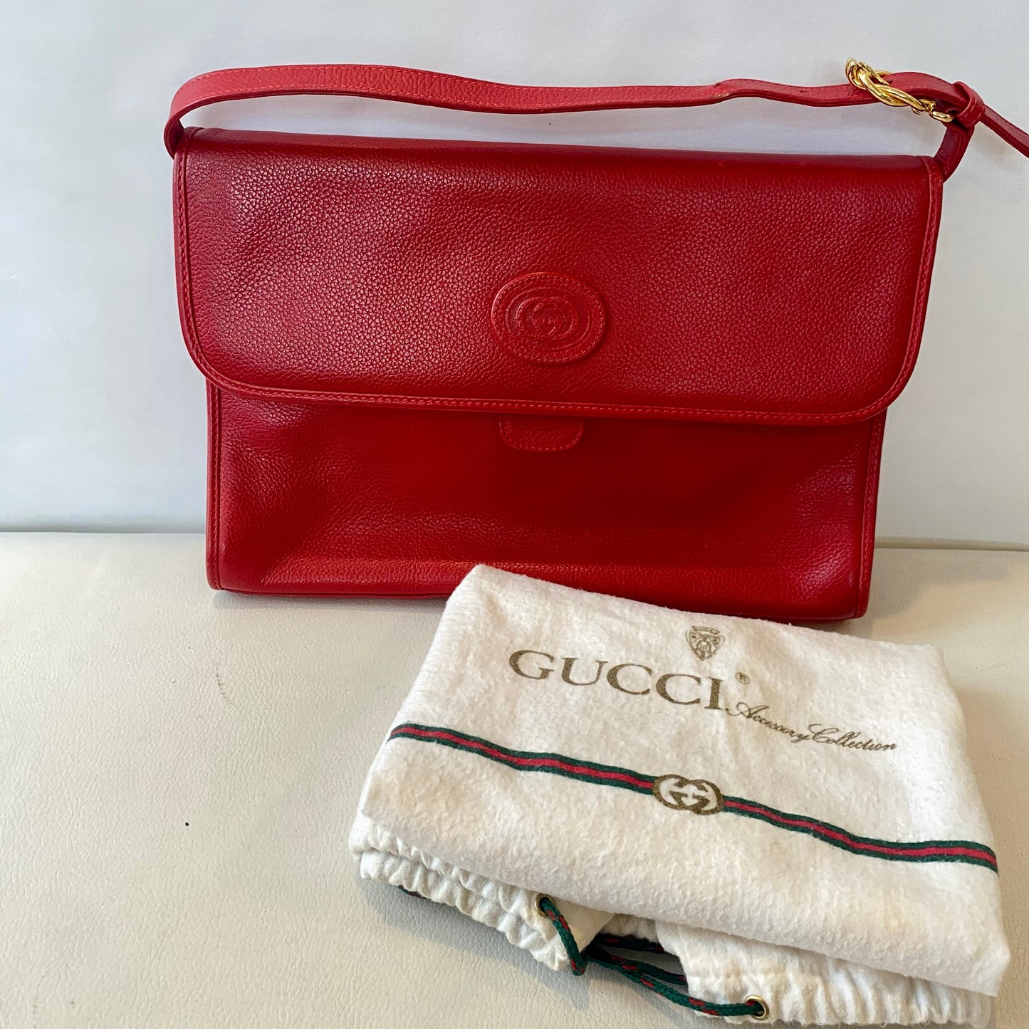 GUCCI Vintage Red Leather Flap Shoulder Bag