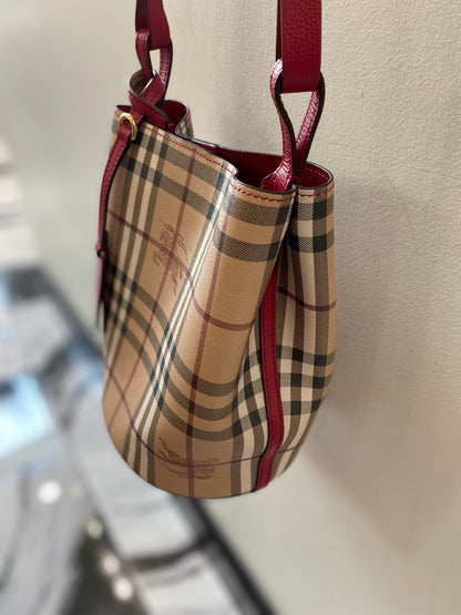 BURBERRY HAYMARKET CHECK LORNE BUCKET BAG