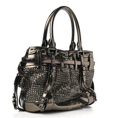 BURBERRY ROWAN STUDDED METALLIC SATCHEL PEWTER