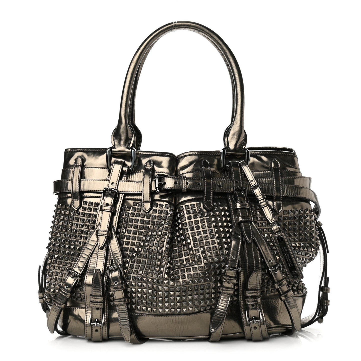 BURBERRY ROWAN STUDDED METALLIC SATCHEL PEWTER