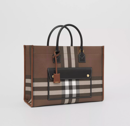 BURBERRY MEDIUM FREYA CHECK & LEATHER TOTE