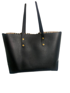 BURBERRY GRAINY LEATHER HAYMARKET CHECK TOTE BAG