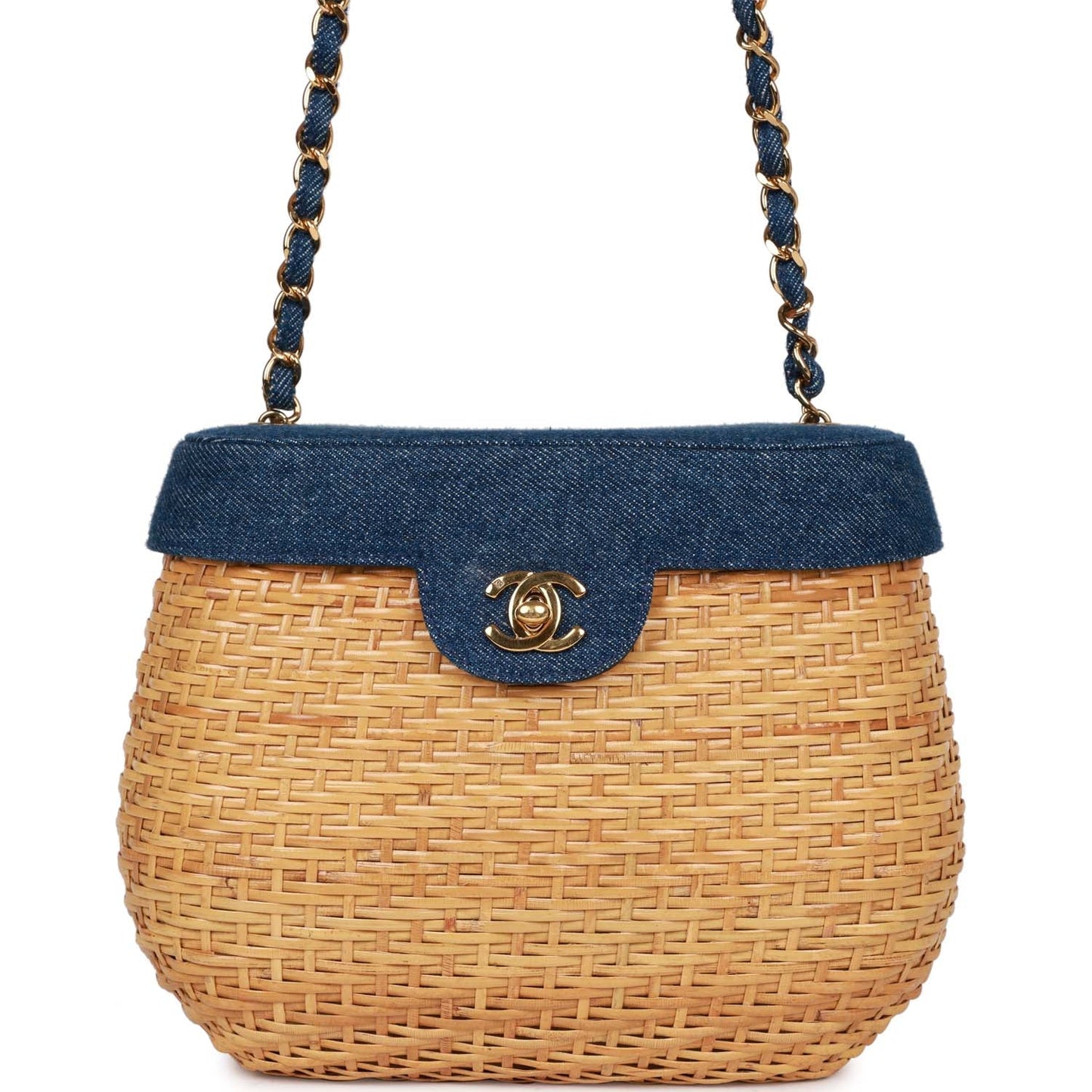 Vintage Chanel Basket Bag Denim and Rattan Wicker Gold Hardware