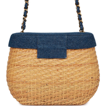 Vintage Chanel Basket Bag Denim and Rattan Wicker Gold Hardware