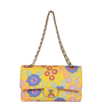 Vintage Chanel Medium Classic Double Flap Bag Yellow and Multicolor Floral Print Canvas Gold Hardware