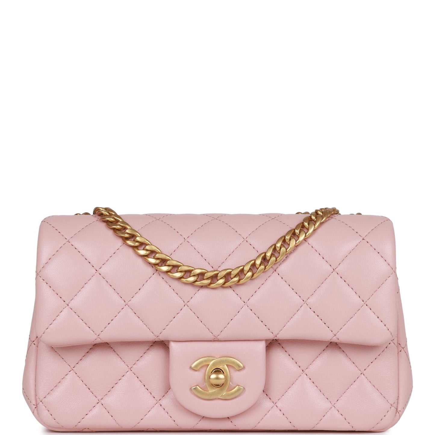 Chanel Camellia Crush Mini Rectangular Flap Rose Clair Lambskin Antique Gold Hardware