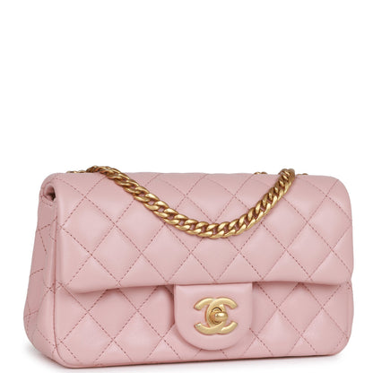 Chanel Camellia Crush Mini Rectangular Flap Rose Clair Lambskin Antique Gold Hardware