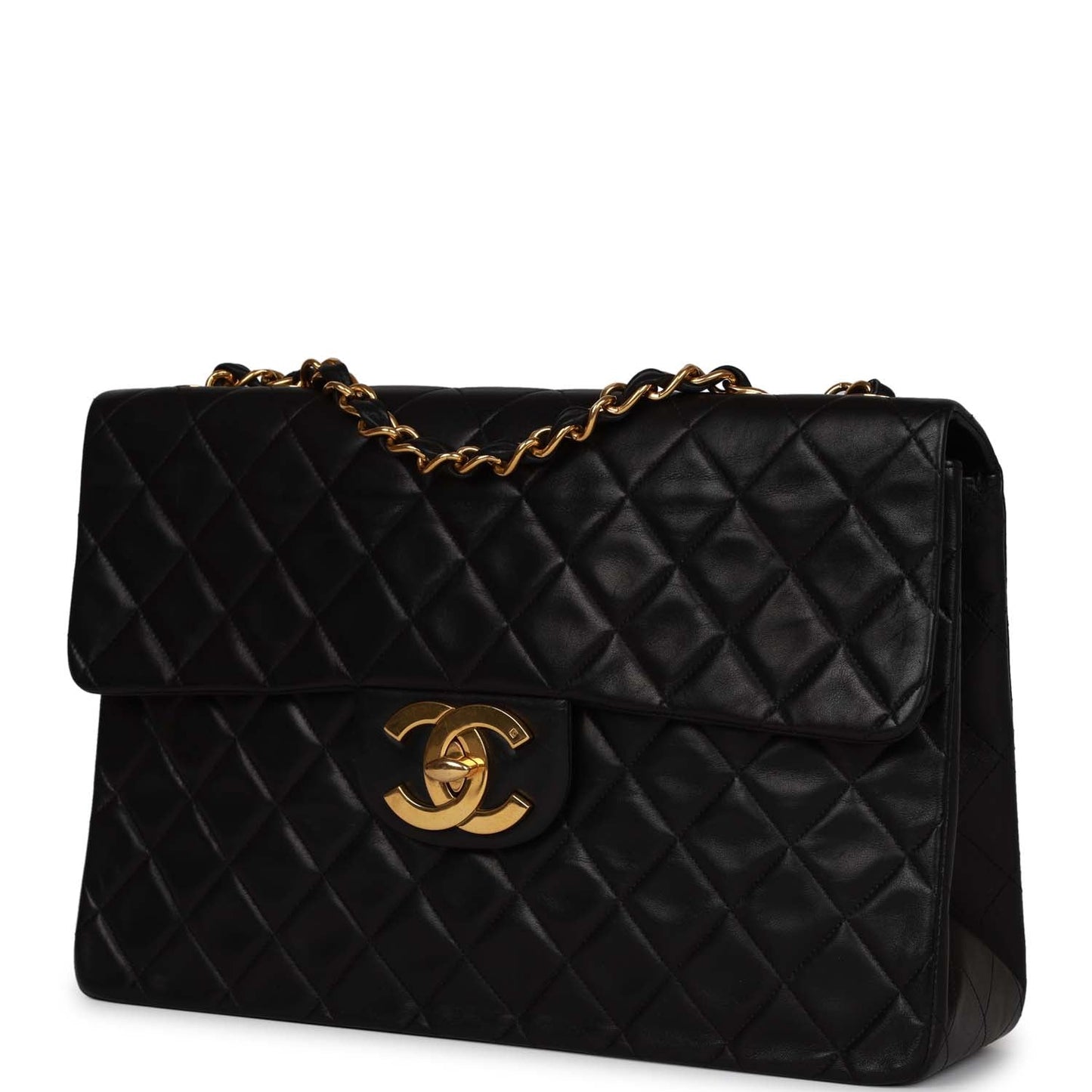 Vintage Chanel XL Maxi Flap Bag Black Lambskin Gold Hardware