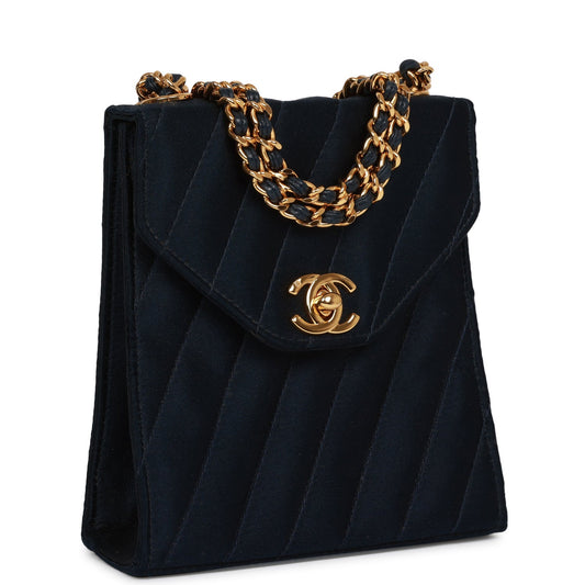 Vintage Chanel Mini Flap Bag Dark Blue Satin Gold Hardware