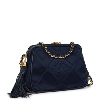 Vintage Chanel Frame Tassel Bag Navy Satin Gold Hardware