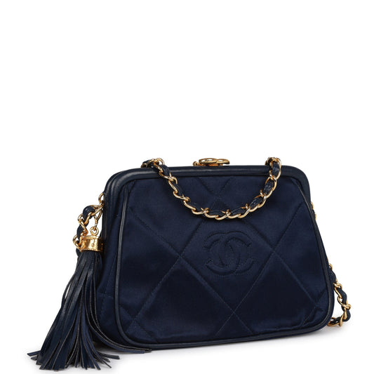 Vintage Chanel Frame Tassel Bag Navy Satin Gold Hardware