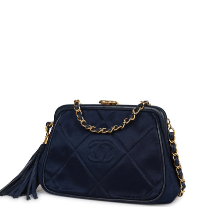 Vintage Chanel Frame Tassel Bag Navy Satin Gold Hardware