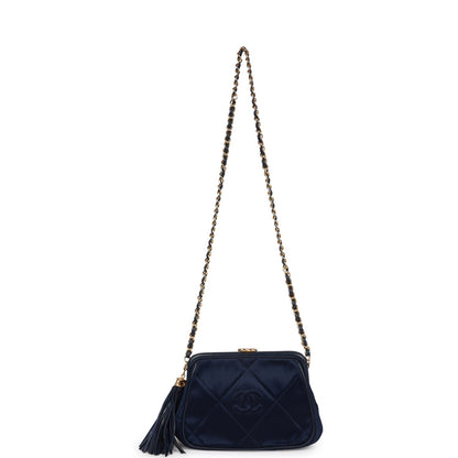 Vintage Chanel Frame Tassel Bag Navy Satin Gold Hardware