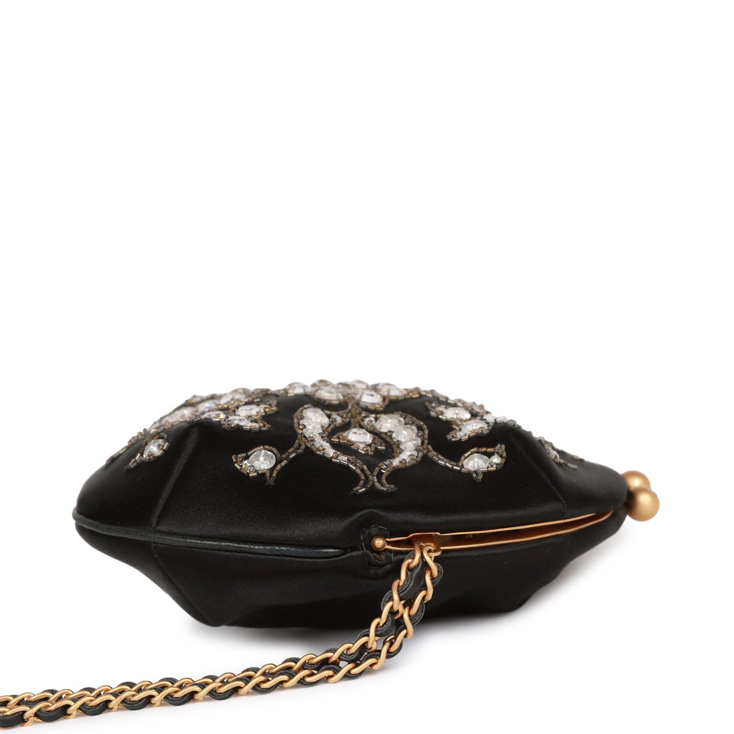 Vintage Chanel Clutch Bag Black Satin Embellished Antique Gold Hardware