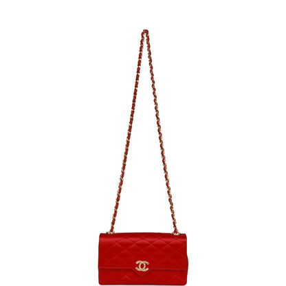 Vintage Chanel Small Flap Bag Red Satin Gold Hardware