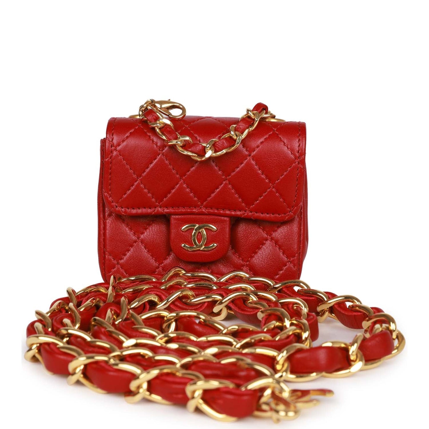 Vintage Chanel Micro Waist Flap Bag Red Lambskin Gold Hardware