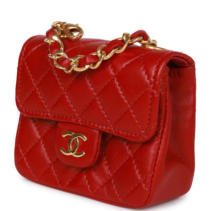 Vintage Chanel Micro Waist Flap Bag Red Lambskin Gold Hardware