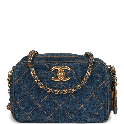 Vintage Chanel Mini Camera Bag Blue Denim Gold Hardware