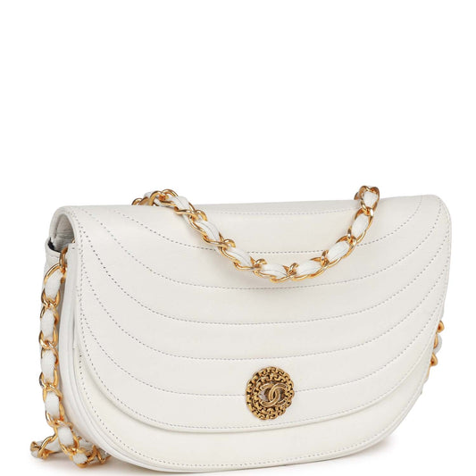 Vintage Chanel Half Moon Shoulder Bag White Lambskin Gold Hardware