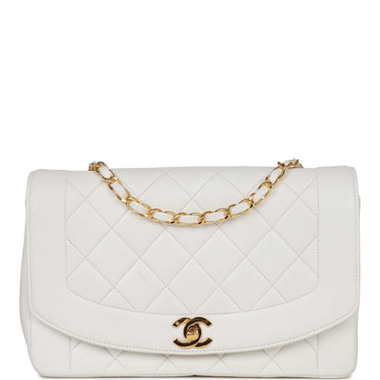 Vintage Chanel Medium Diana Flap Bag White Lambskin Gold Hardware